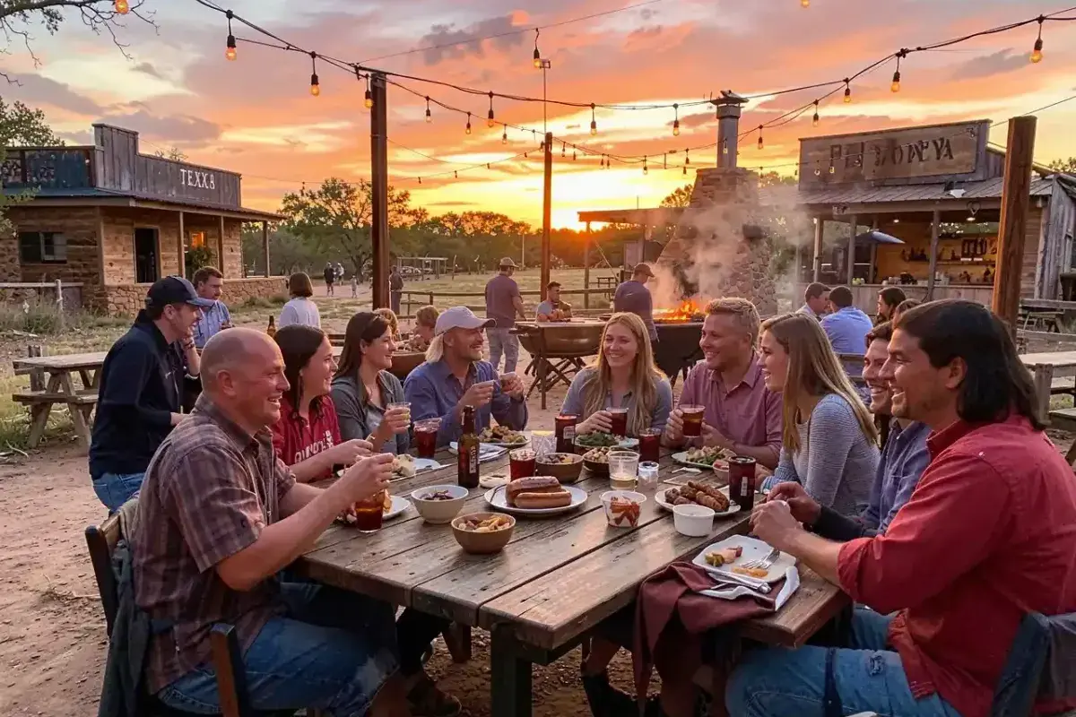 Texas outdoor dining with barbecue and friends at sunset