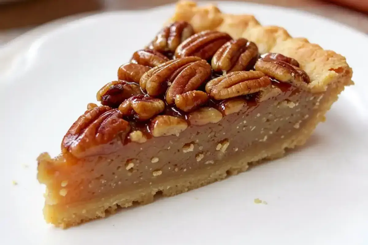 Texas pecan pie slice with glossy pecan topping