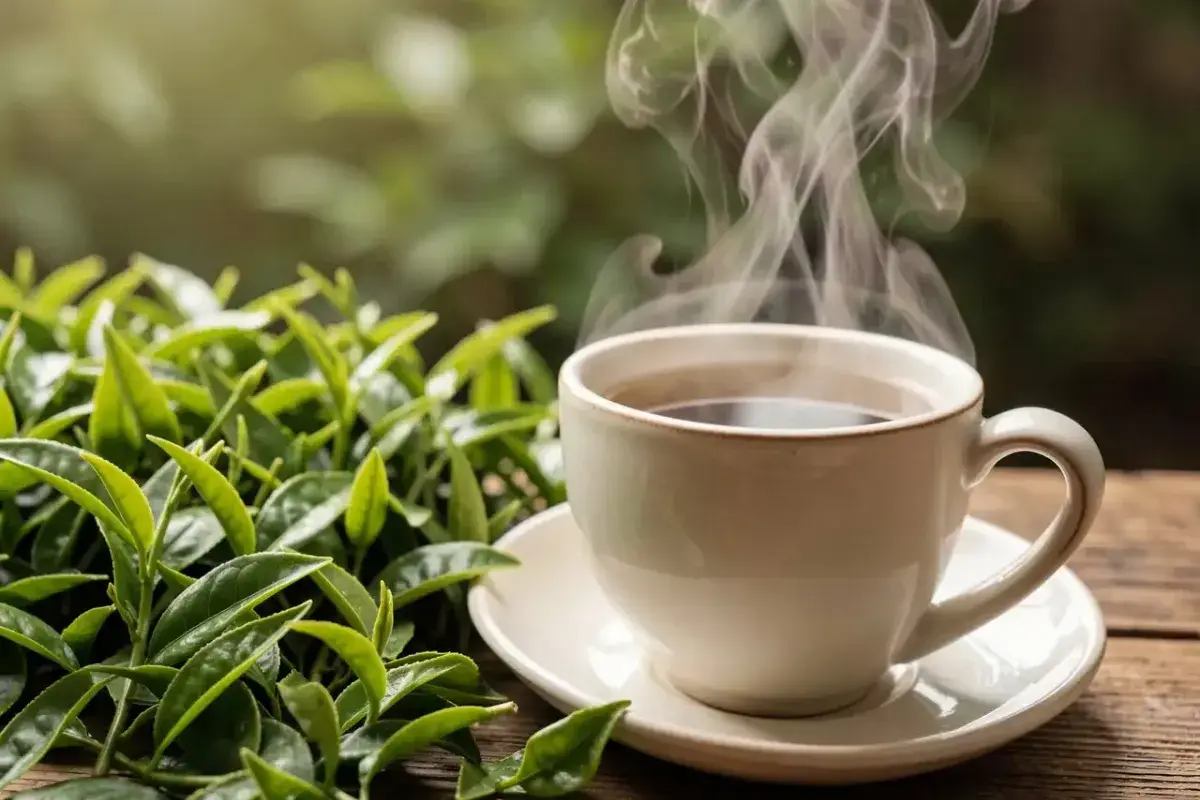 Fresh green tea leaves beside cup highlighting antioxidant benefits