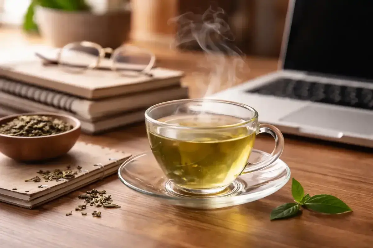 Cup of green tea on desk symbolizing focus and mental clarity