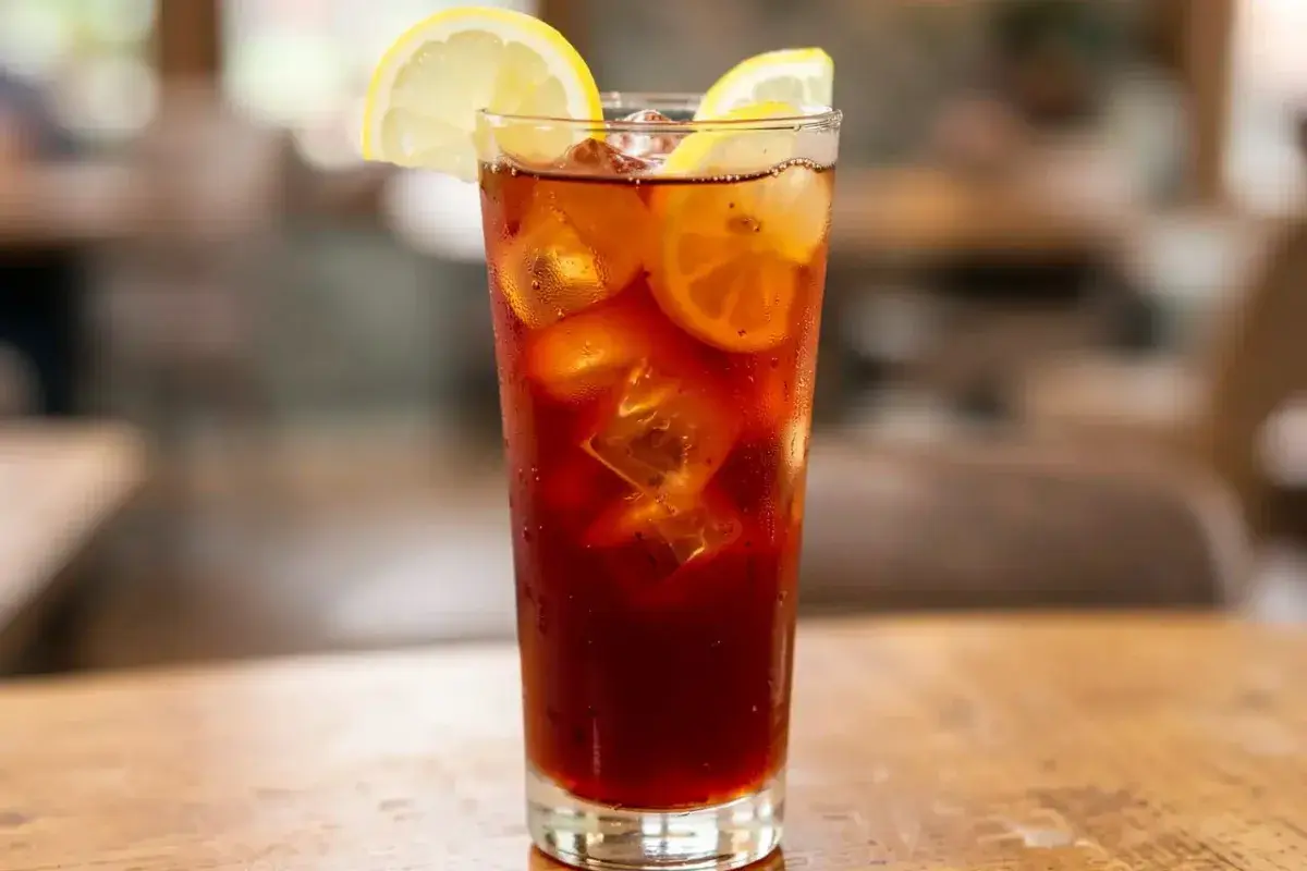 Refreshing glass of iced tea with ice cubes and lemon