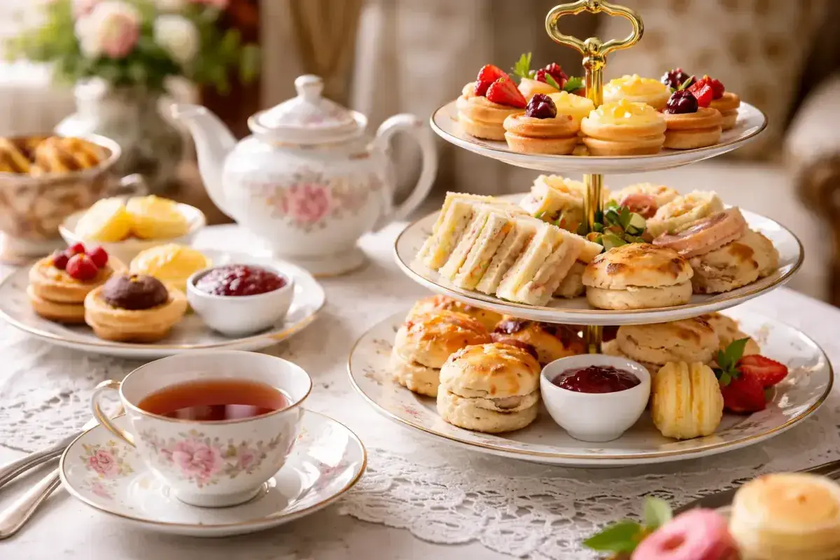 Elegant British afternoon tea with teapot cups and pastries