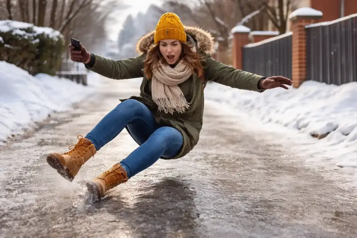 Slippery ice surface causing a fall