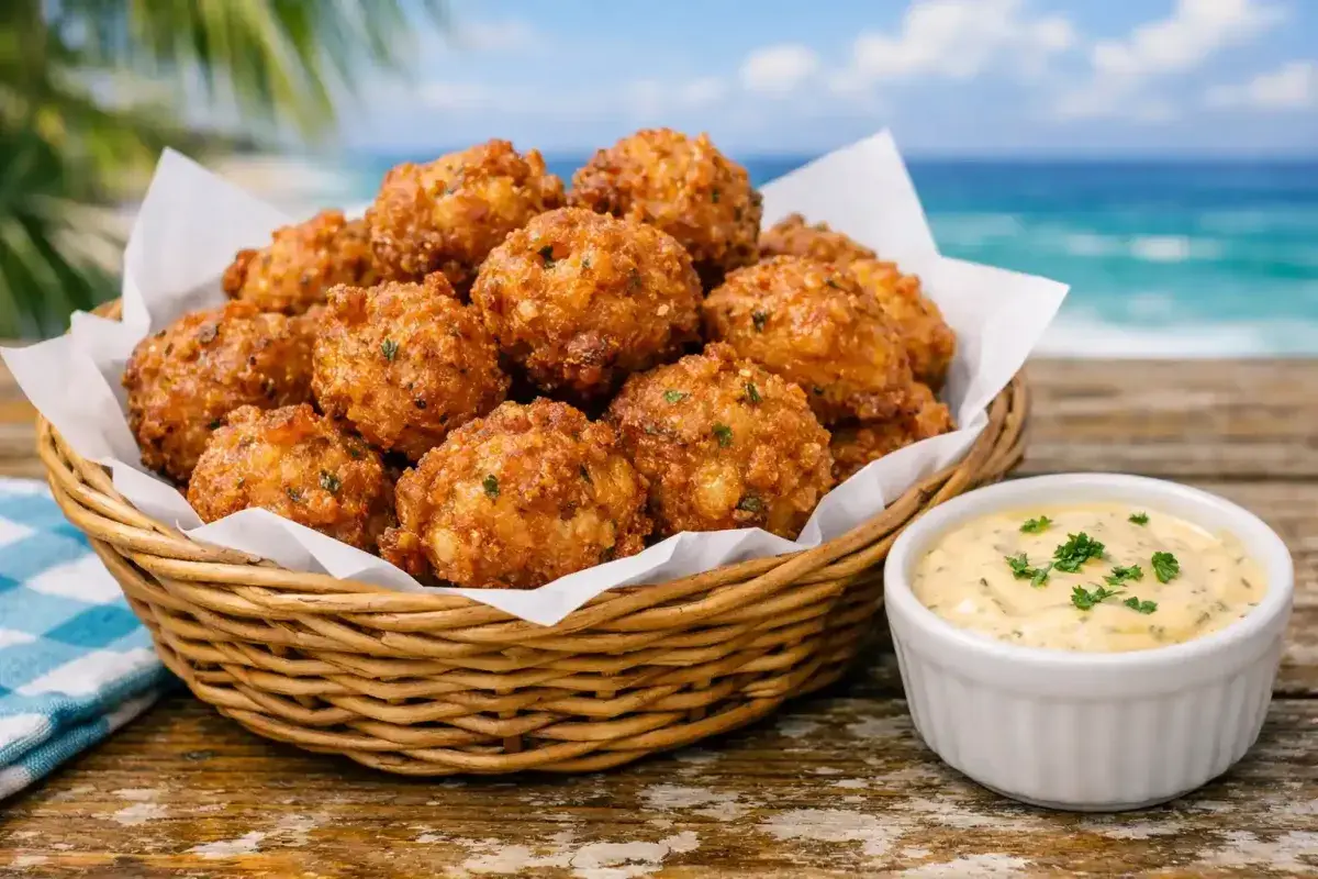 Crispy conch fritters served hot with tangy dipping sauce