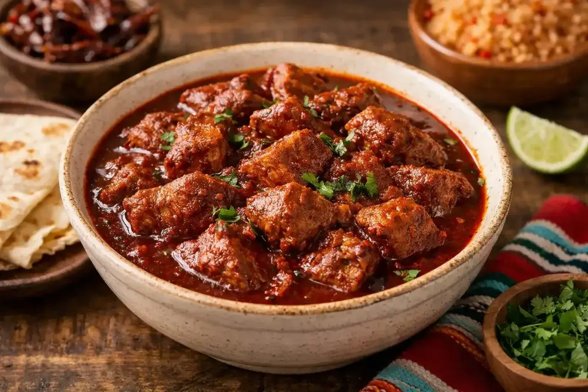 Carne adovada slow cooked pork in rich red chile sauce