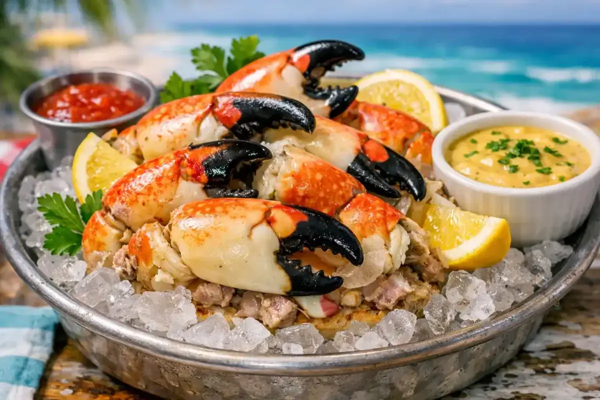 Fresh Florida stone crab claws served cold with mustard sauce