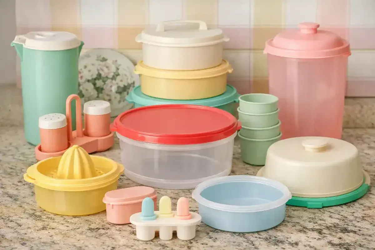 Collection of retro Tupperware in pastel shades