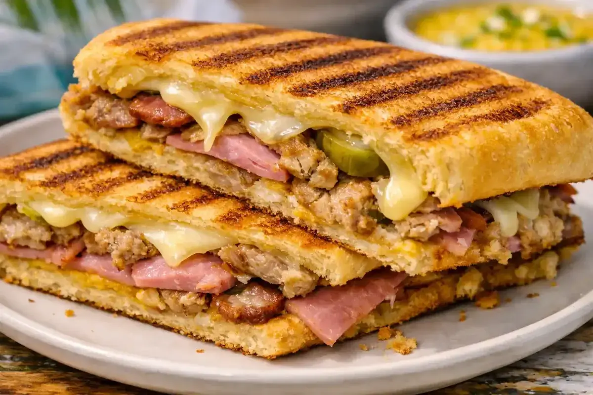Classic Cuban sandwich with crispy bread and layered fillings