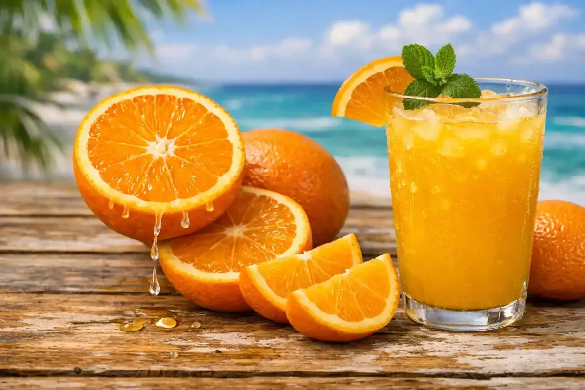 Fresh Florida oranges and glass of natural orange juice
