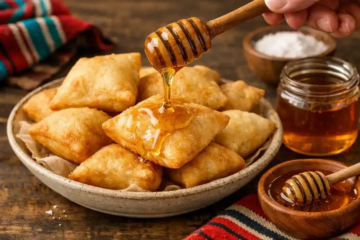 Golden sopapillas served with honey New Mexico style