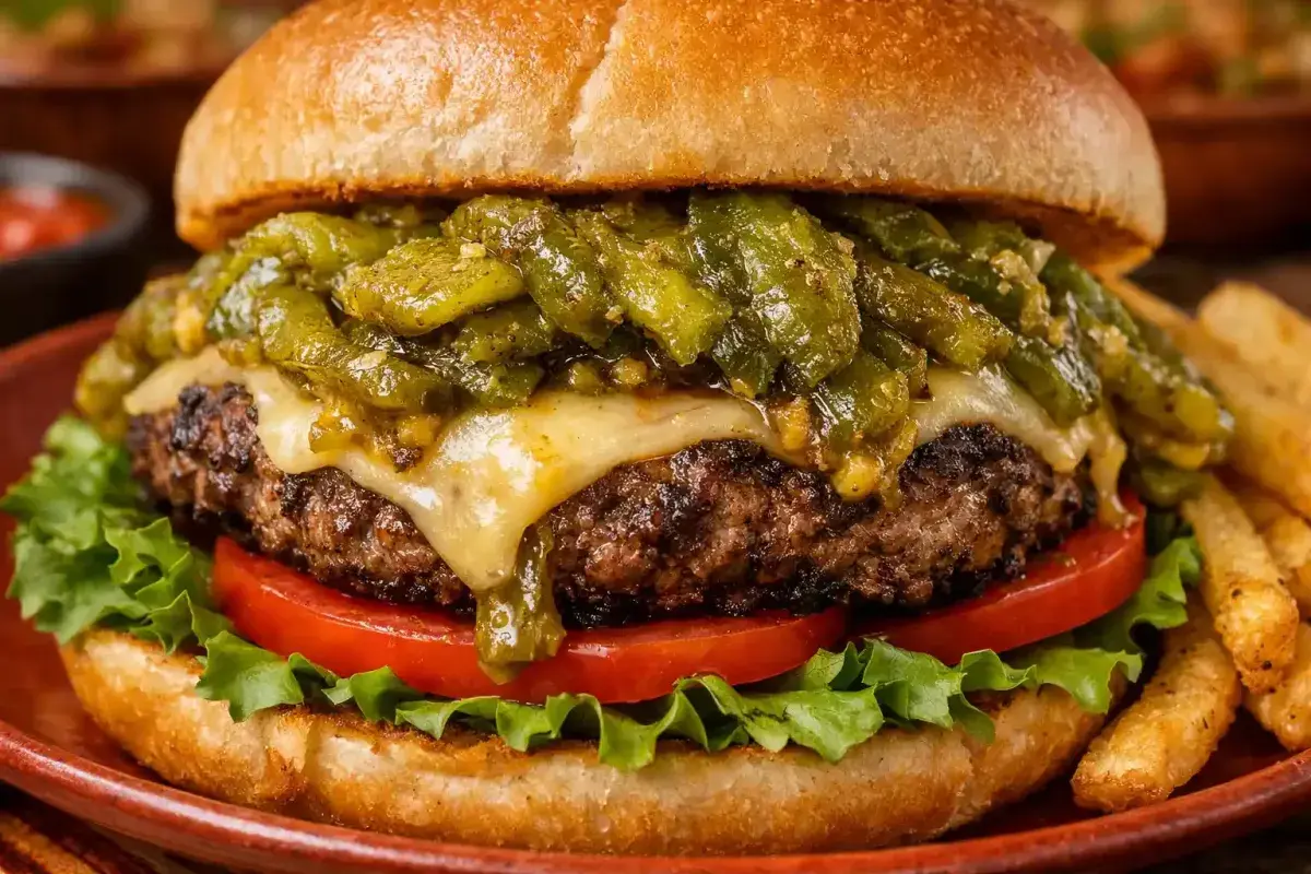 Green chile cheeseburger with roasted New Mexico chile and melted cheese