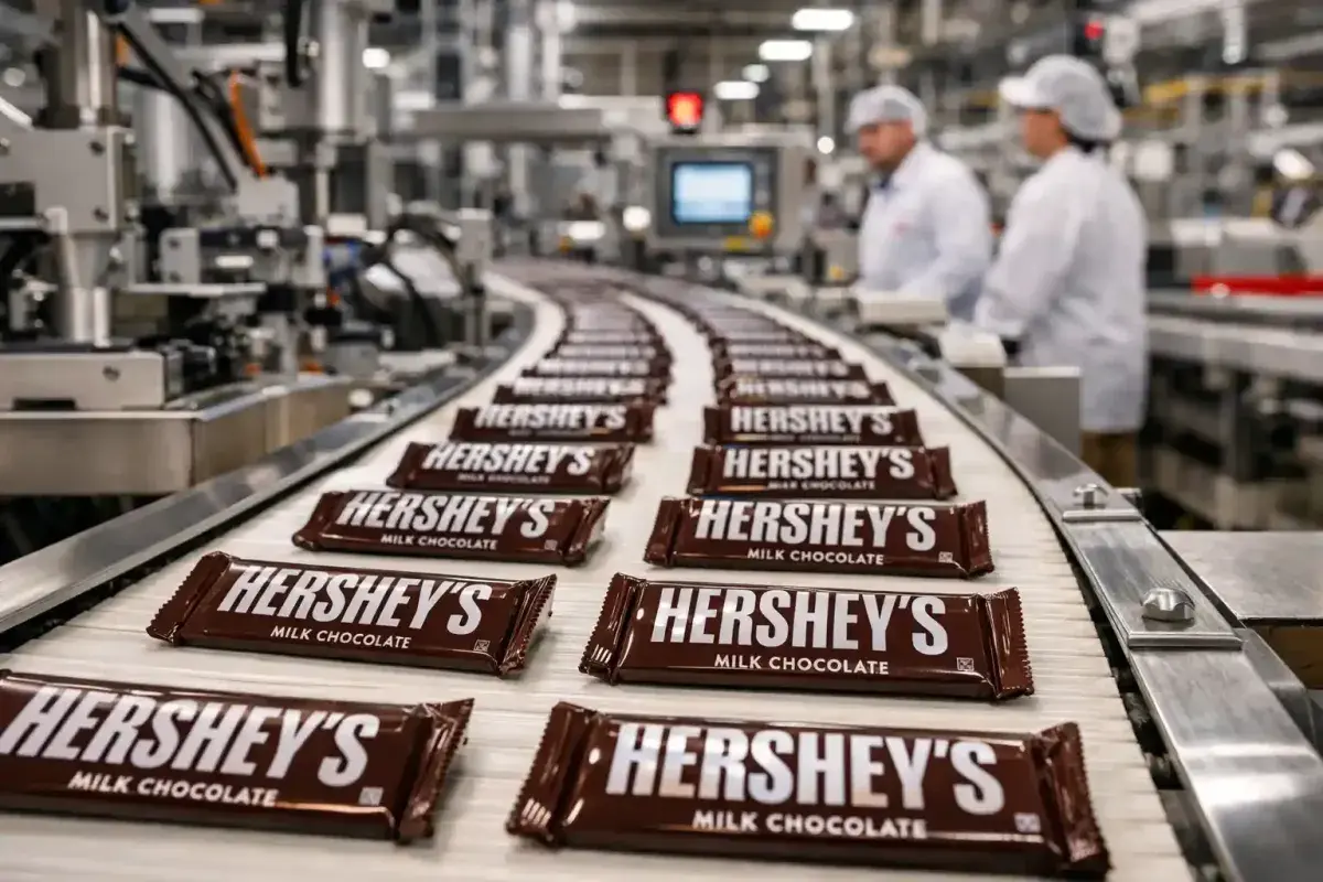 Hershey factory production line with chocolates
