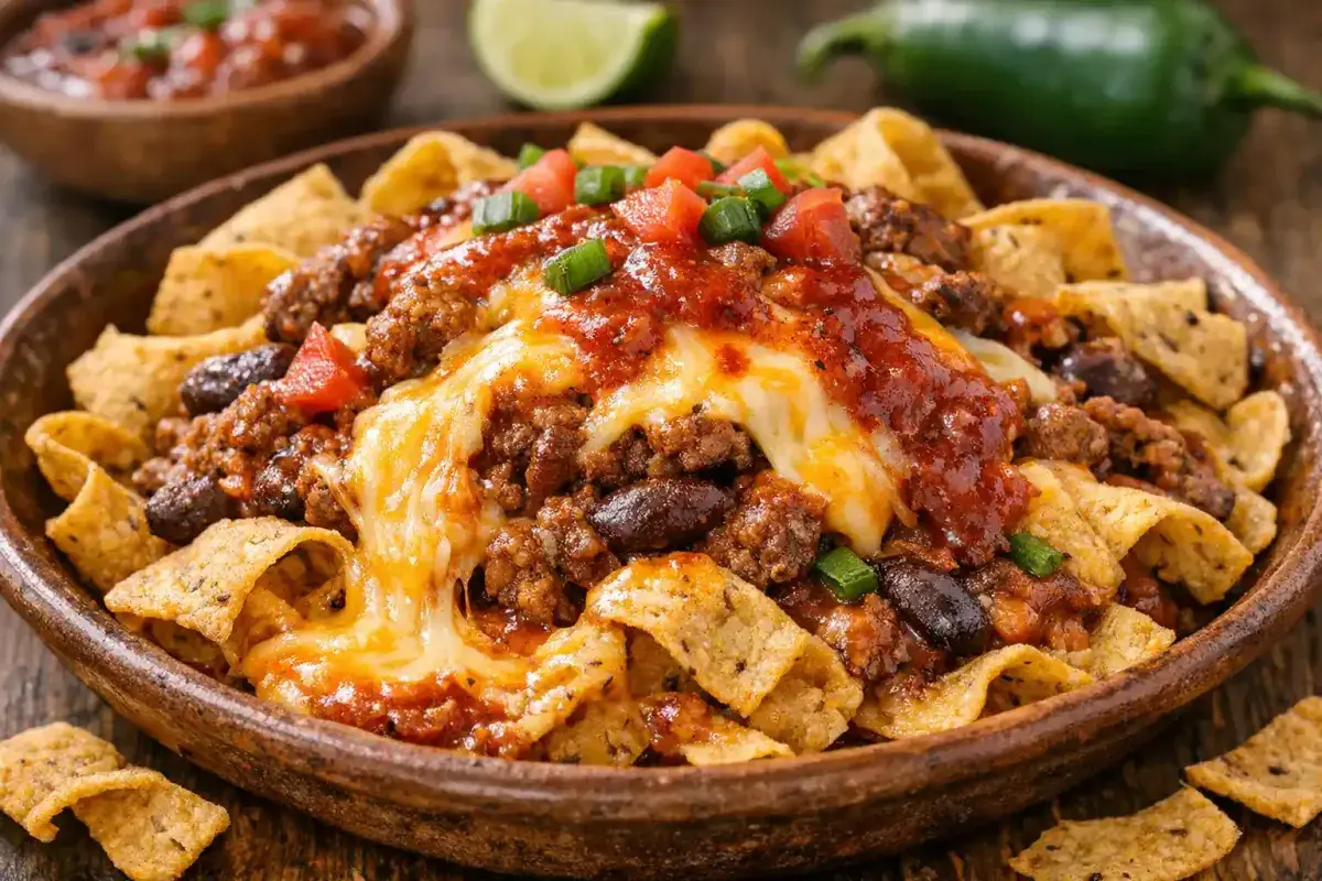 New Mexico Frito pie with chile cheese and corn chips