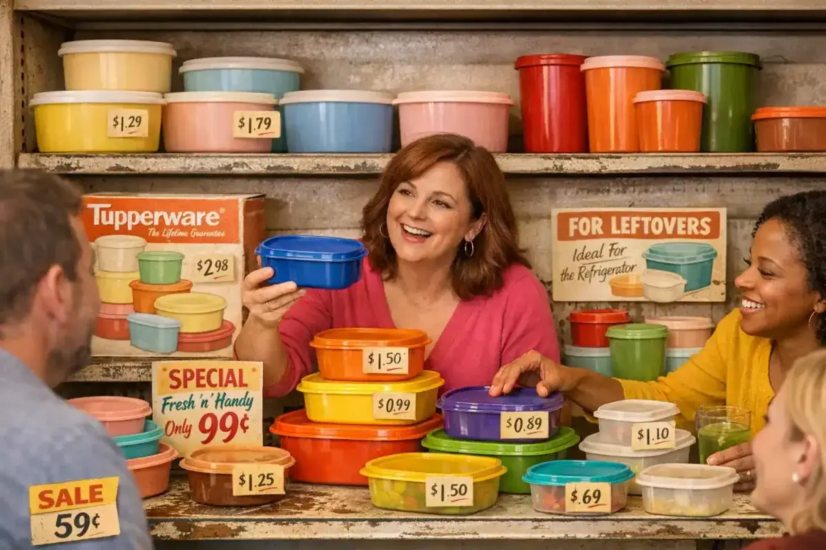 Old retail shelf displaying early plastic storage containers