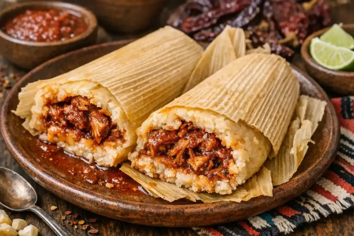 Open tamales showing filling and masa texture
