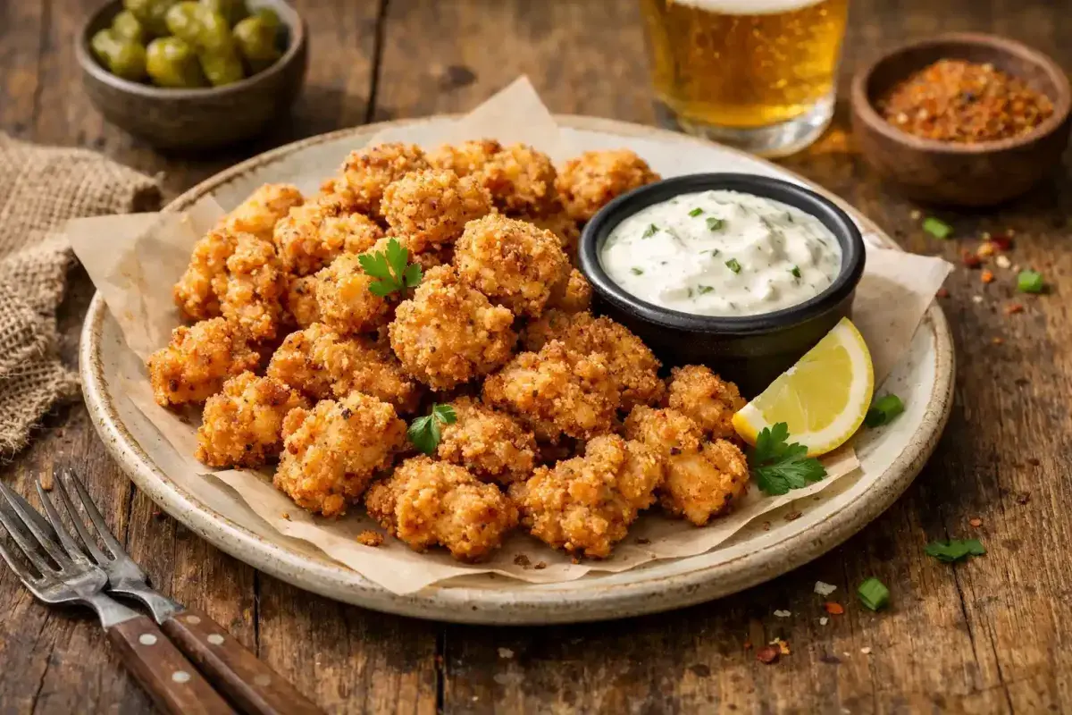 Fried alligator bites served with creamy dipping sauce