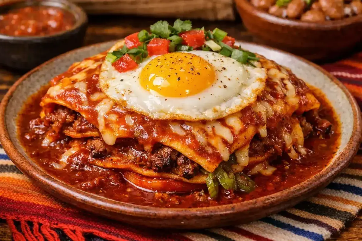 New Mexico red chile enchiladas stacked with sauce and fried egg