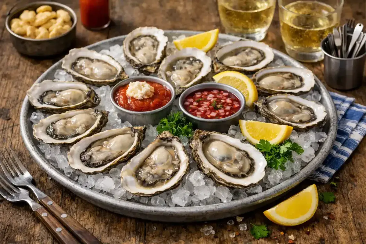 Raw Apalachicola oysters served chilled with lemon and sauce