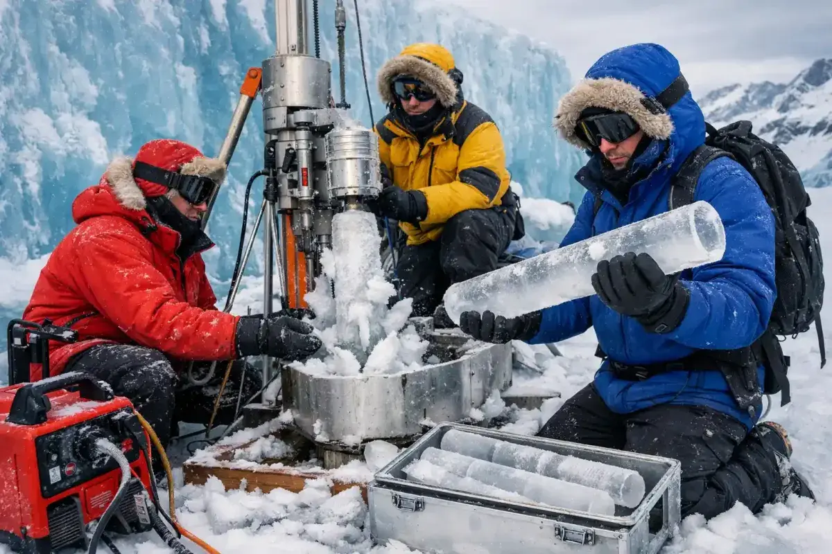 Ice core sample revealing ancient air bubbles