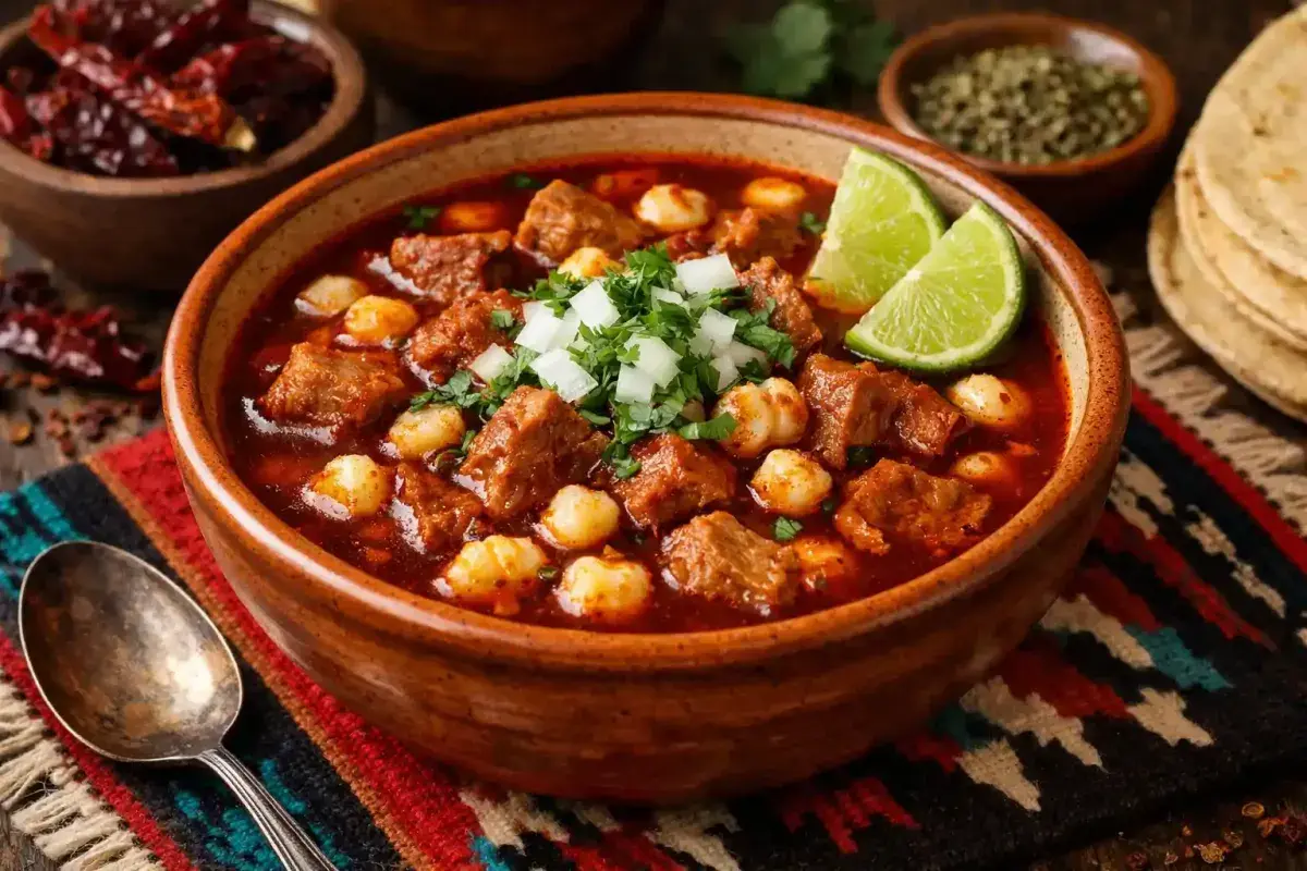 Traditional New Mexico posole with hominy and chile