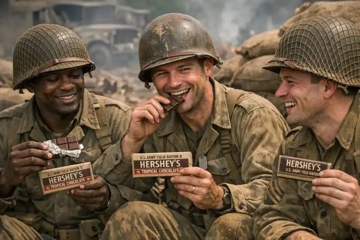 World War II soldiers with Hershey ration chocolate