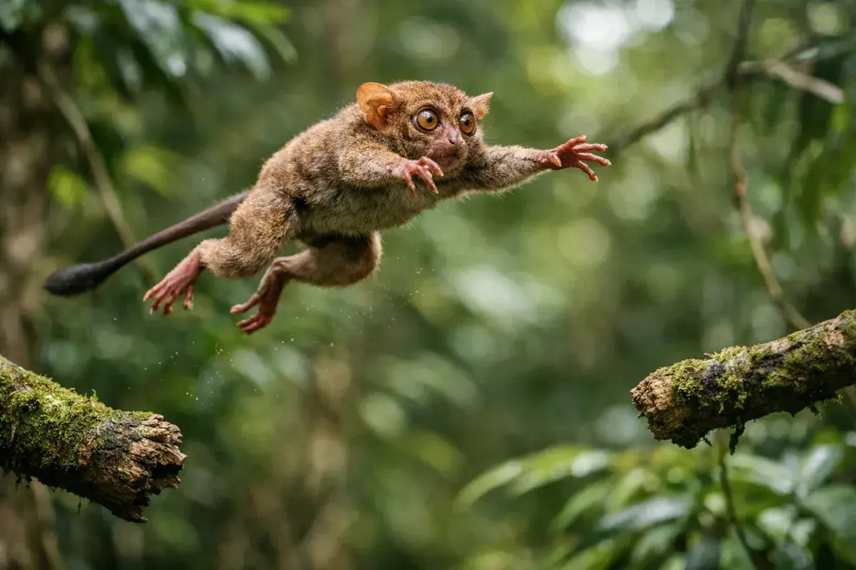 Agile tarsier leaping through tropical forest trees