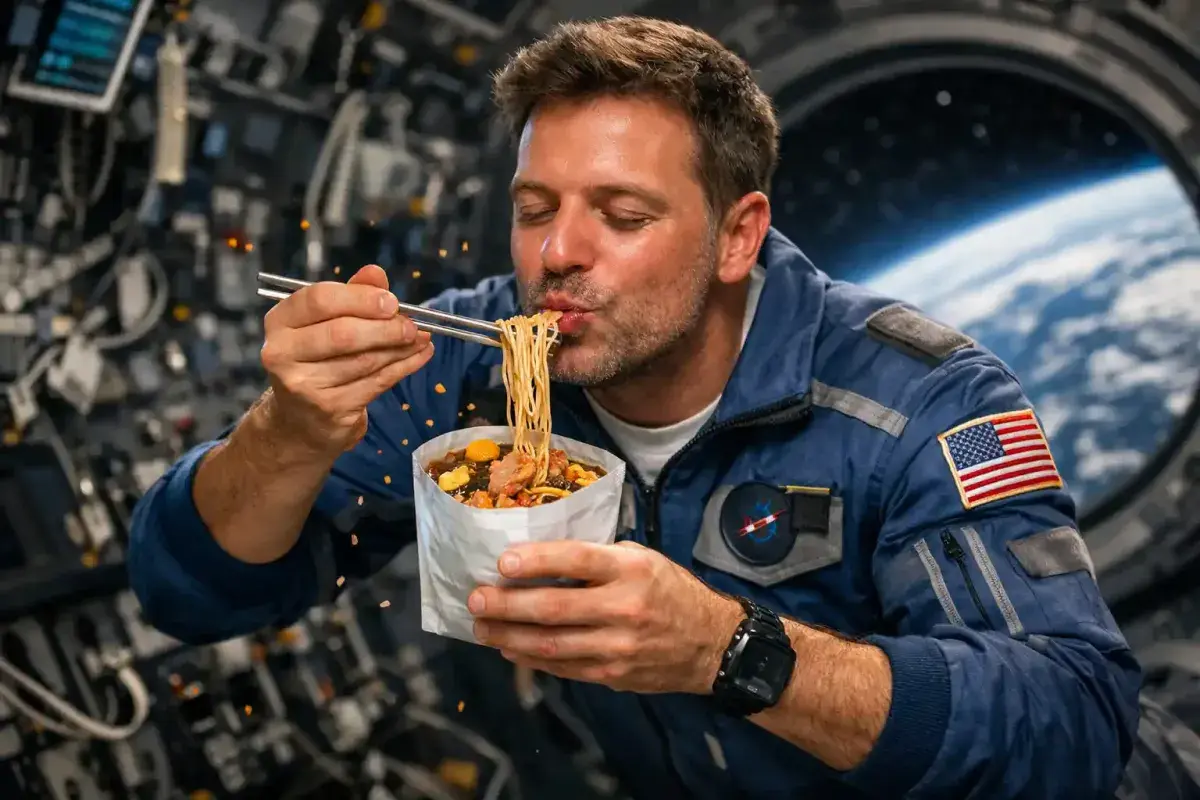 Astronaut eating modified ramen meal in zero gravity environment