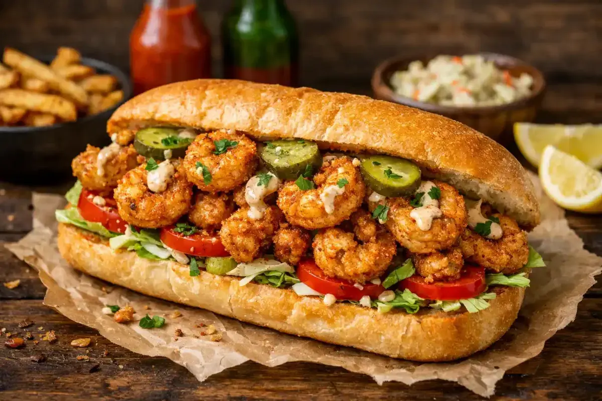 Authentic Louisiana shrimp po boy sandwich on French bread