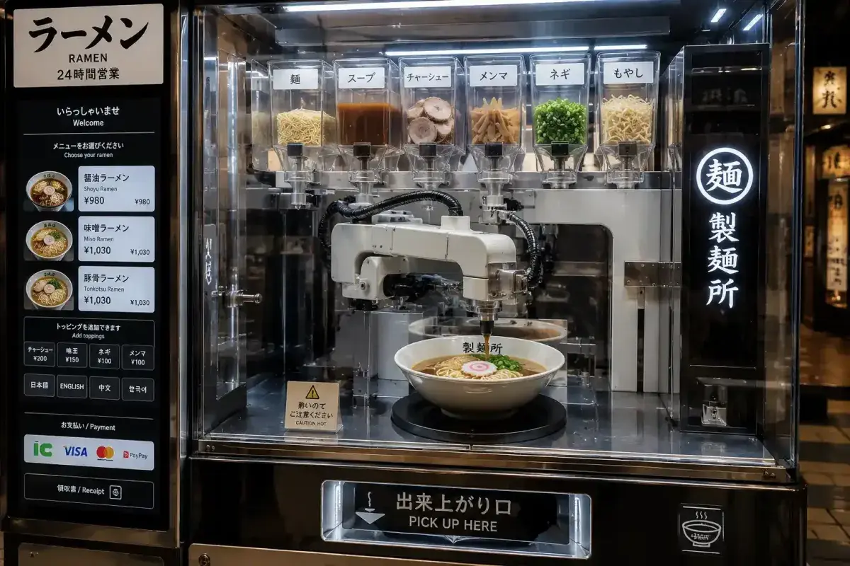 Automated ramen machine preparing noodles in modern Japanese setting