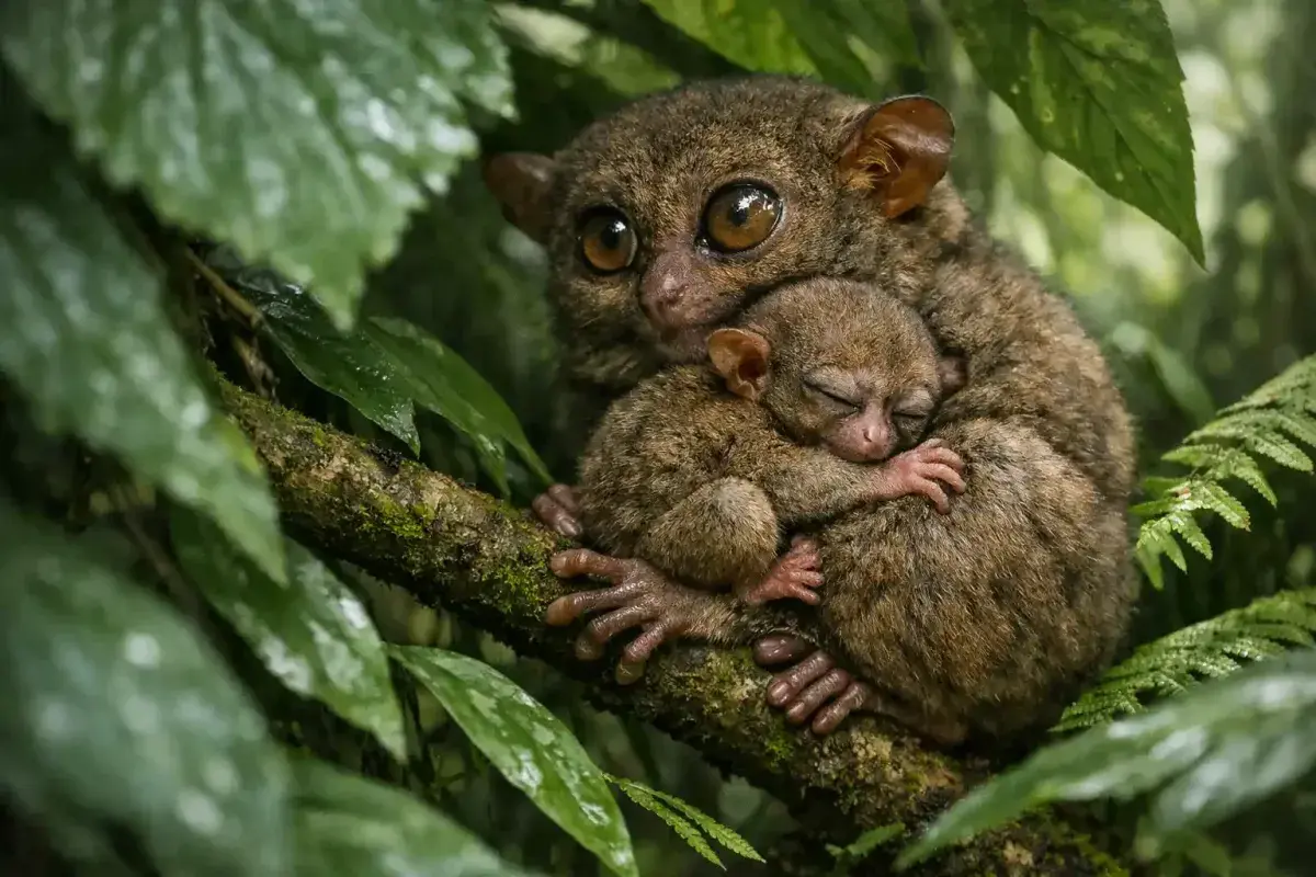 Infant tarsier holding tightly to its mother