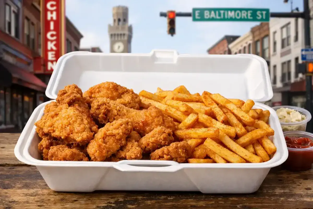 Chicken box with fries and fried chicken pieces in takeout container