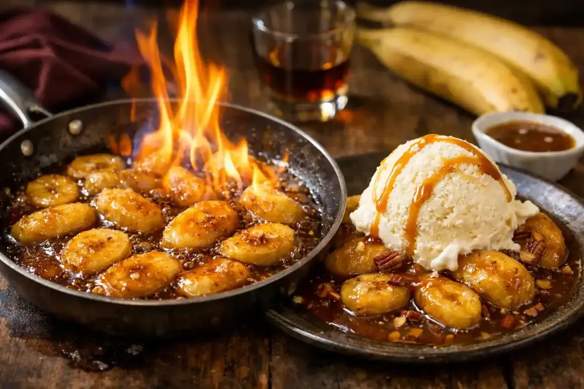 Classic New Orleans Bananas Foster dessert with caramel sauce