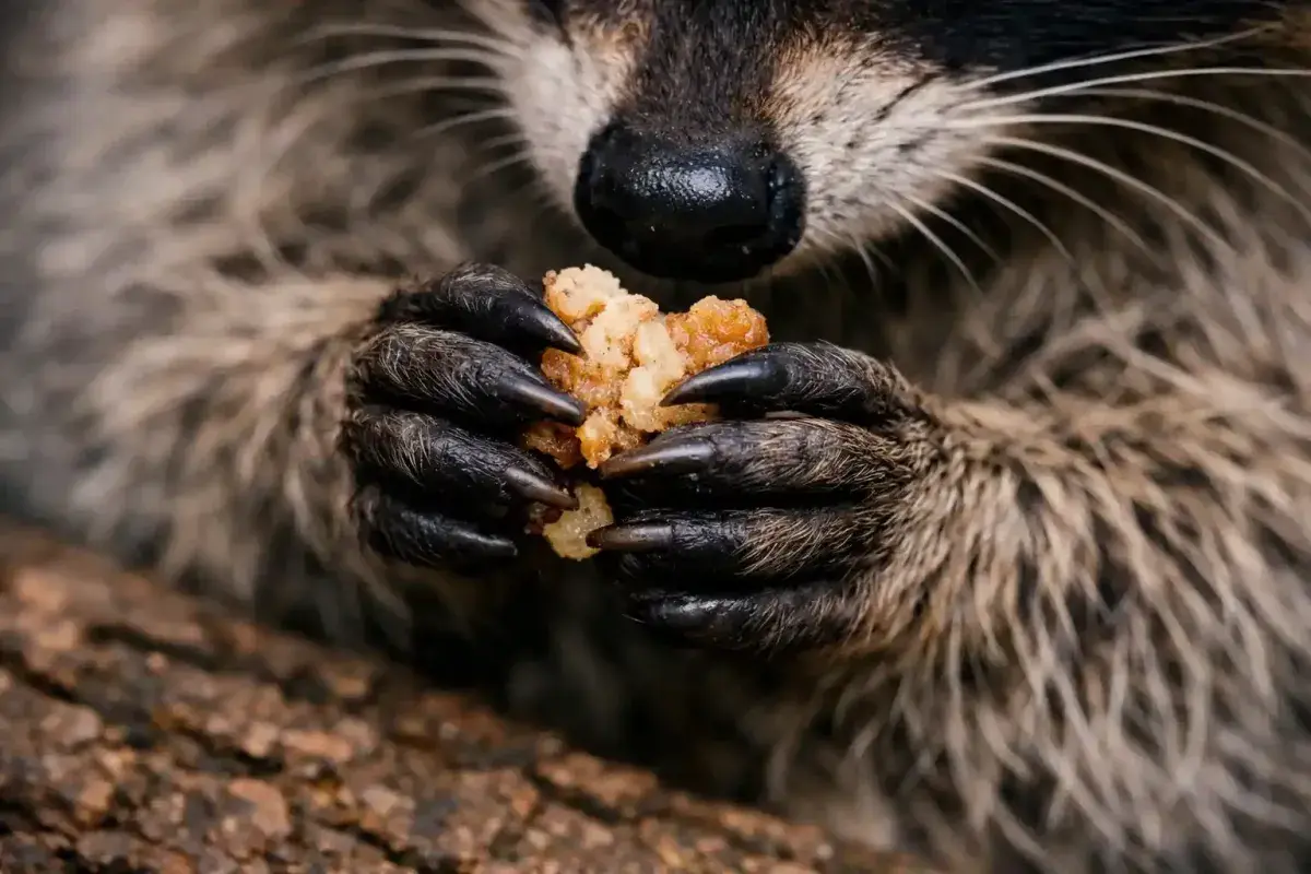 Raccoon using its sensitive front paws to examine food