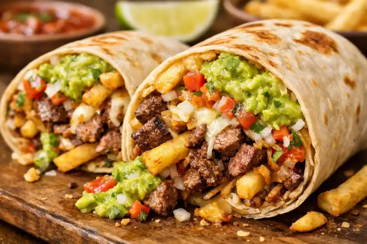 Authentic California burrito cut open with carne asada and fries inside