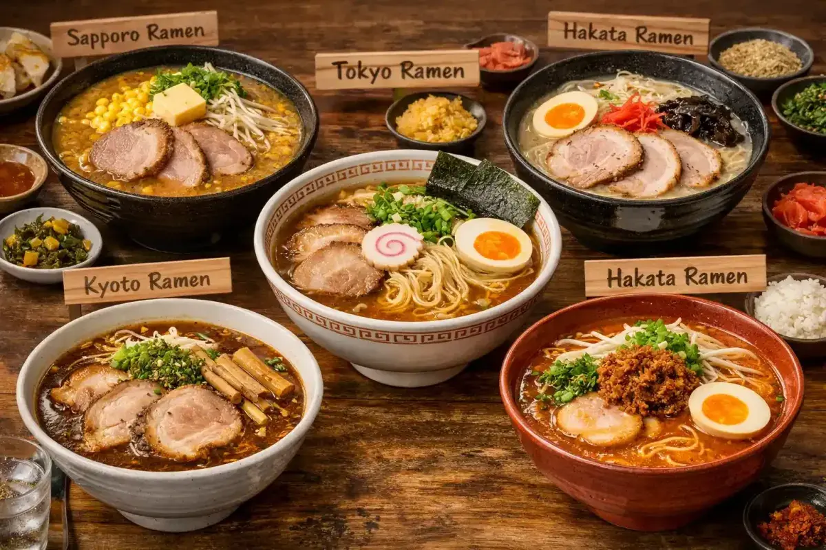 Comparison of regional Japanese ramen varieties with different broths and toppings