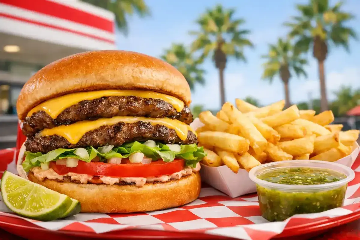 Famous California Double Double burger served with fresh fries