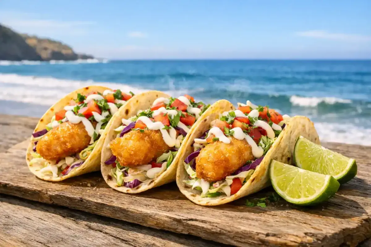 Crispy California fish tacos served near the Pacific coast