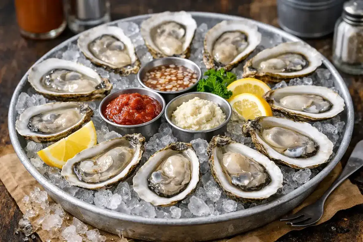 Fresh Chesapeake Bay oysters on ice with lemon wedges