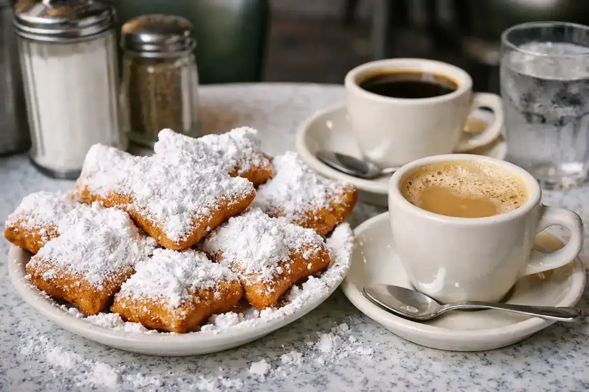 Louisiana style beignets with powdered sugar and cafe coffee