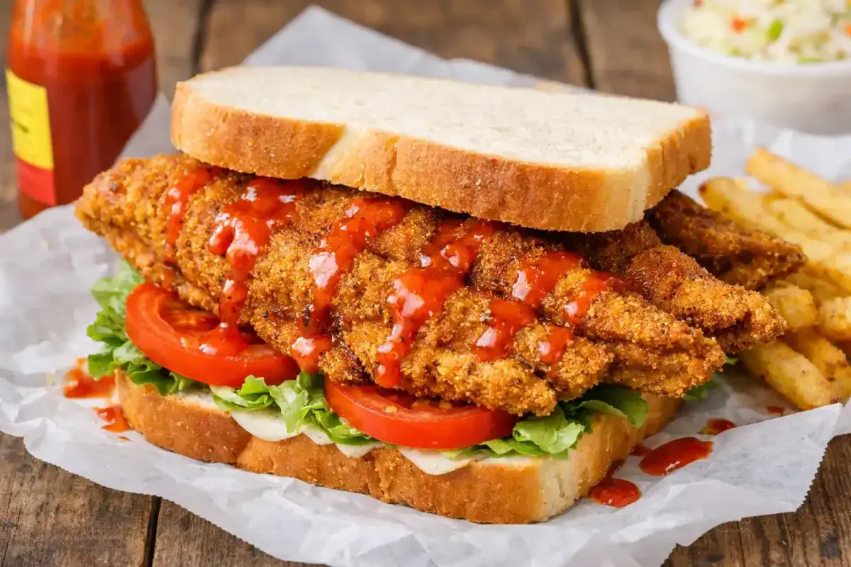 Fried lake trout sandwich with hot sauce and bread