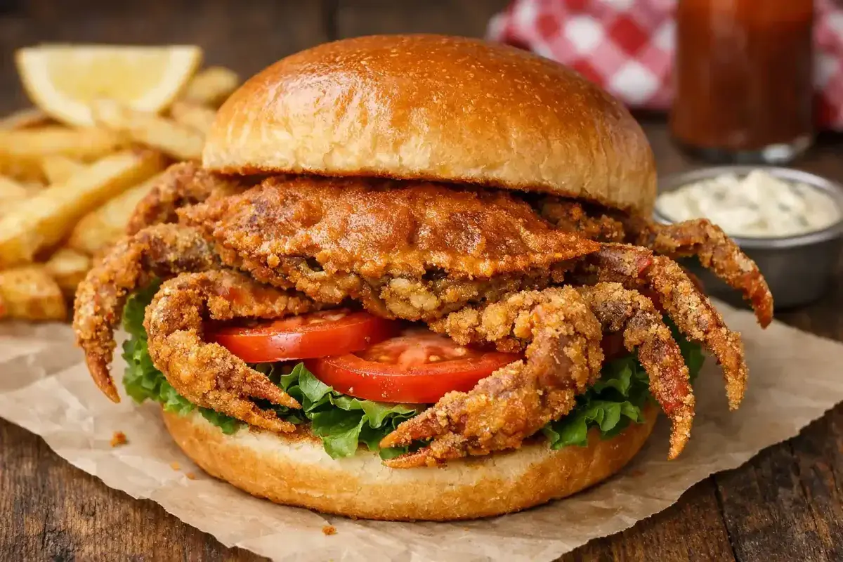 Fried soft shell crab sandwich with lettuce and tomato