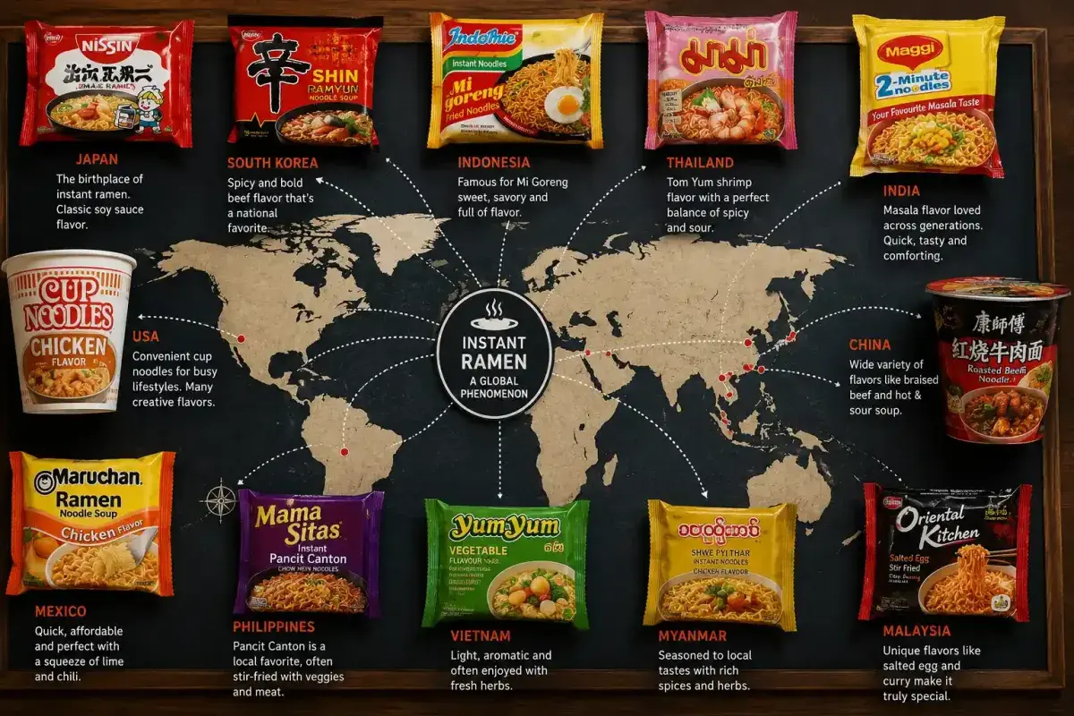 Global spread of instant ramen varieties across different cultures