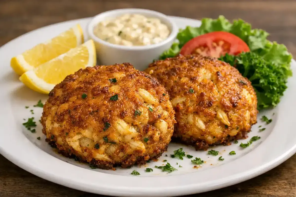 Golden brown Maryland crab cakes served with lemon and garnish