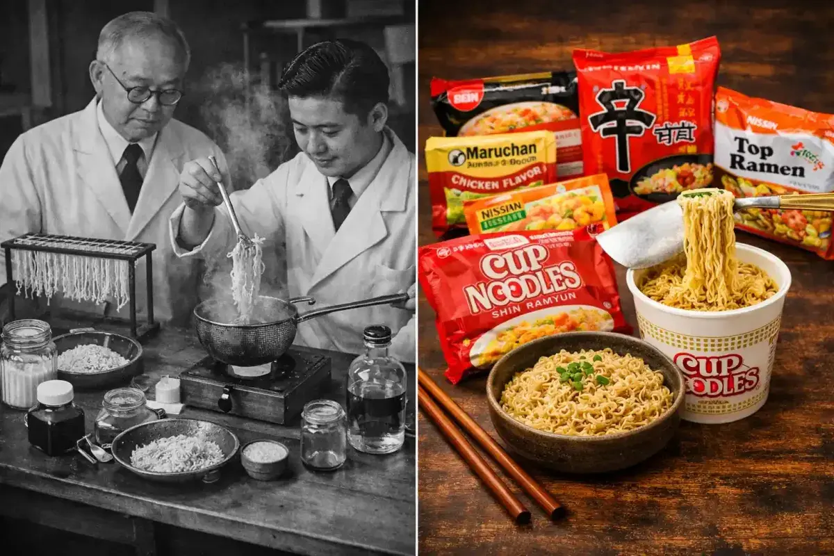 Evolution from early instant ramen invention to modern packaged noodles