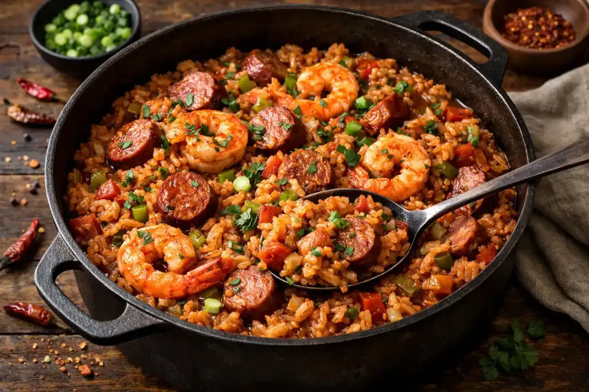 Traditional Louisiana jambalaya cooked in a cast iron pot