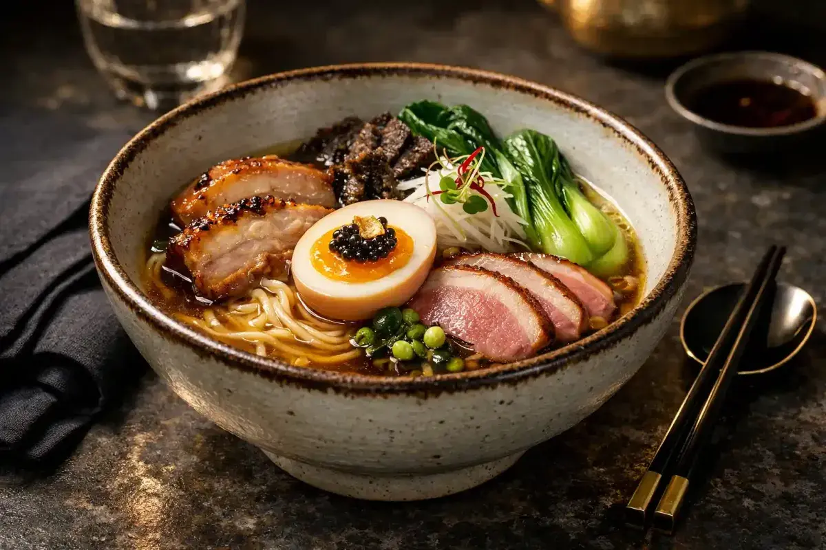 Luxury ramen bowl presented as fine dining cuisine