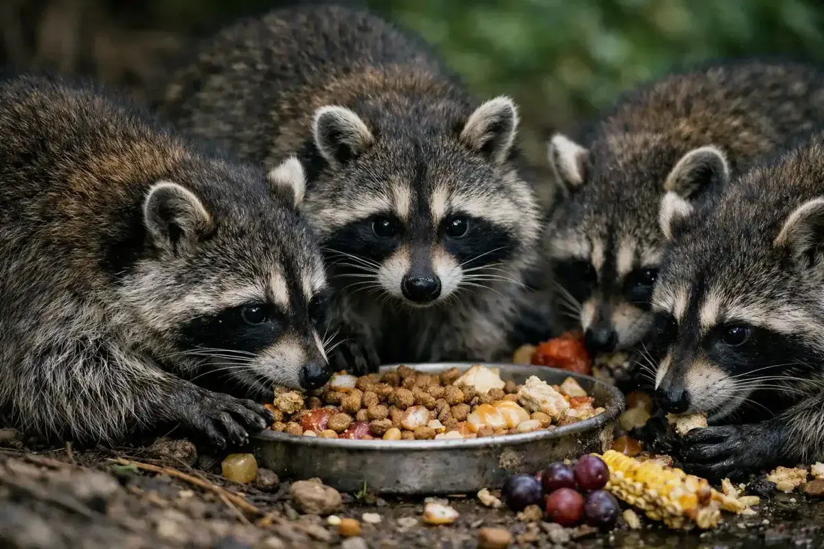 Group of raccoons sharing space and interacting in the wild