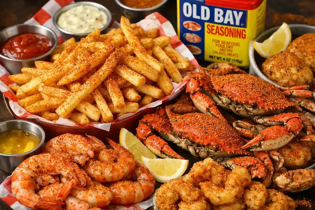 Old Bay seasoning sprinkled over fries, seafood, and snacks
