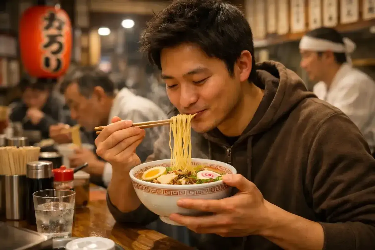 Customer eating ramen with traditional Japanese dining customs