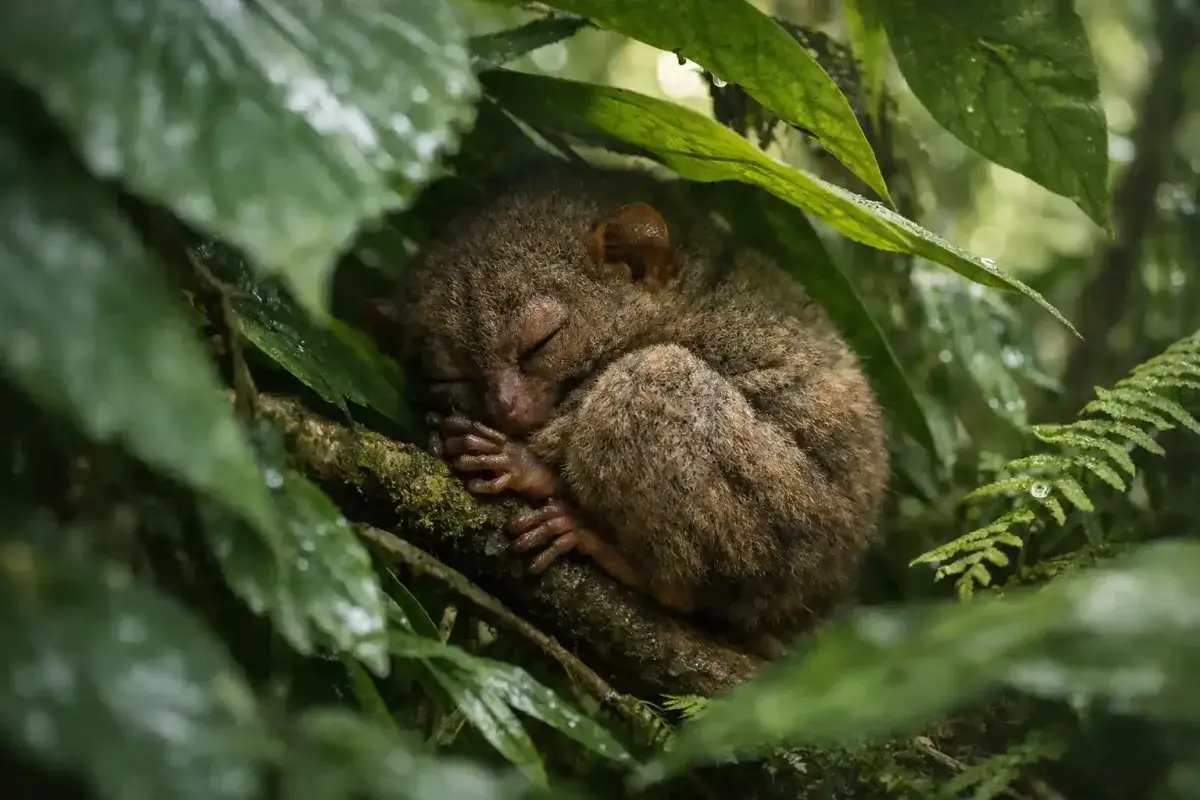 Sensitive tarsier resting peacefully in protected habitat